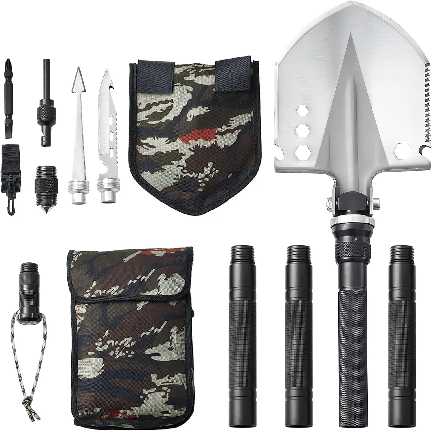 Happybuy Survival Shovel, 13-in-1 Folding Multitool, Military Grade, Compact, for Camping, Hiking & Outdoor