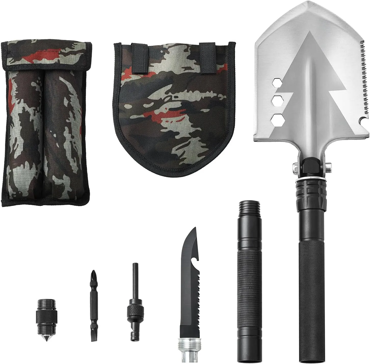 Happybuy Survival Shovel, 8-in-1 Folding Multitool, Military Grade, Compact, for Camping & Outdoor Emergencies