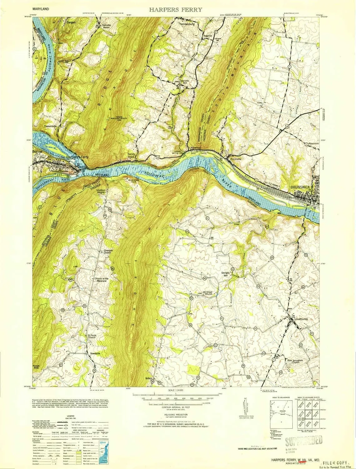 Harpers Ferry WV topo map, 1:24000 Scale, 7.5 X 7.5 Minute, Historical, 1953, 28.9 x 21.9 in