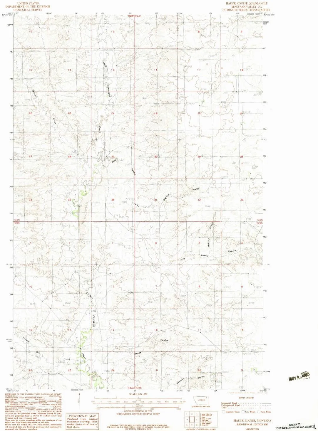 Hauck Coulee MT topo map, 1:24000 Scale, 7.5 X 7.5 Minute, Historical, 1983, Updated 1983, 27 x 22.1 in