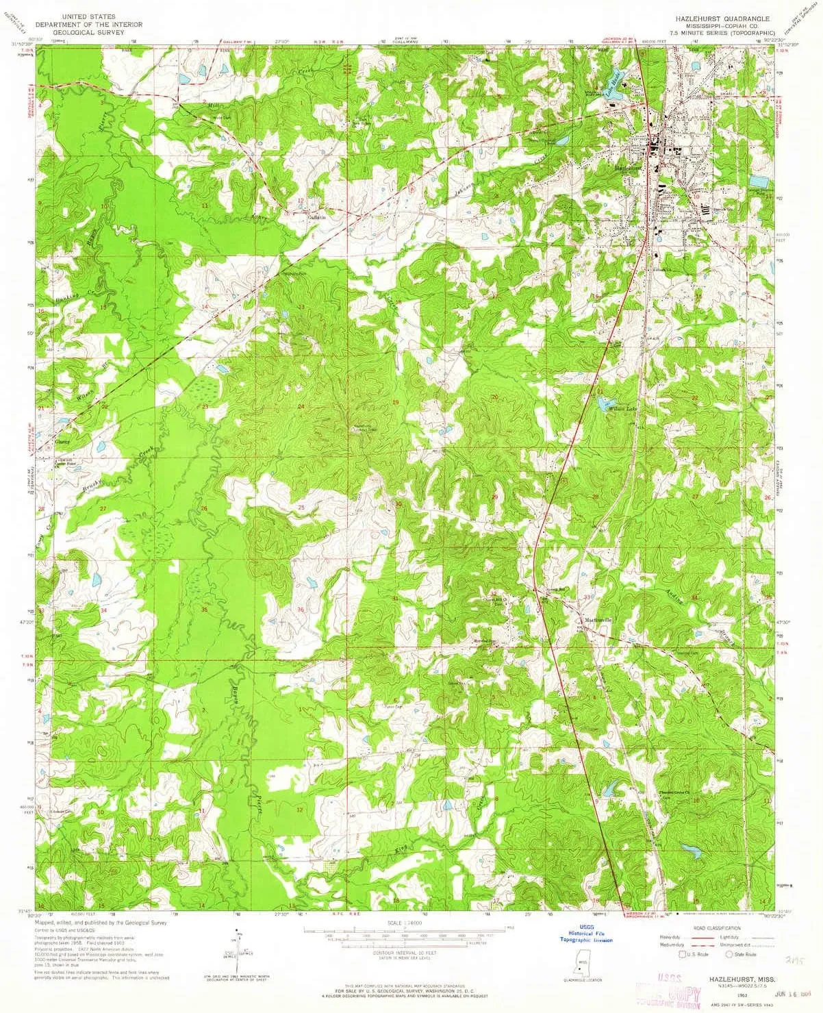 Hazlehurst MS topo map, 1:24000 Scale, 7.5 X 7.5 Minute, Historical, 1963, Updated 1964, 27 x 22 in