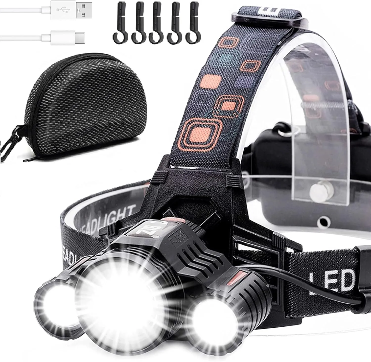 Headlamp - Brightest 2000 Lumen CREE LED Work Head Light, USB-C Rechargeable IPX4 Waterproof Head Lamp Flashlight  Red Light for Camping,Hiking,Fishing,Outdoors-5 Hardhat Clips Incl.