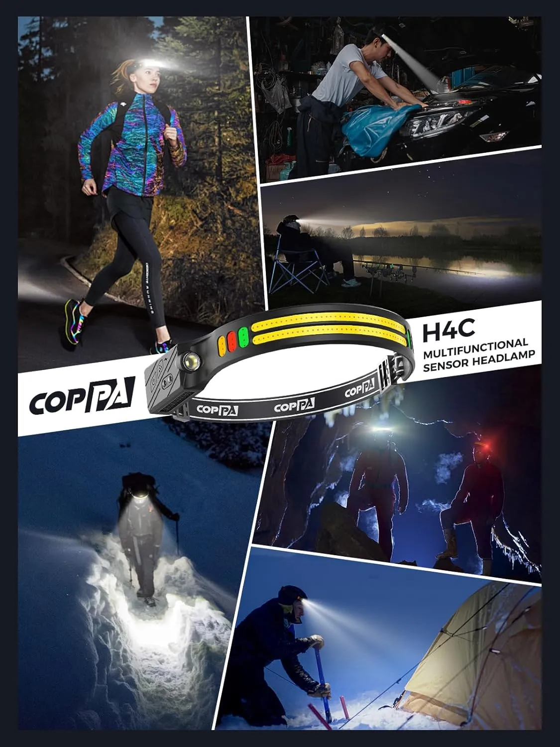 Headlamp, H4C Headlamp Rechargeable 2Pack with White & Yellow & Red & Green Floodlight & Spotlight Mini Portable with Motion Sensor Super for Camping Running Fishing Climbing Hiking Maintenance