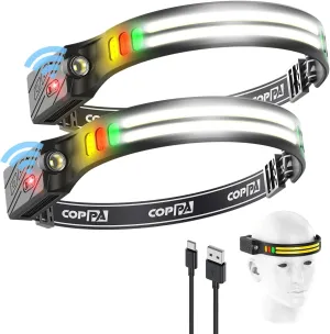 Headlamp, H4C Headlamp Rechargeable 2Pack with White & Yellow & Red & Green Floodlight & Spotlight Mini Portable with Motion Sensor Super for Camping Running Fishing Climbing Hiking Maintenance
