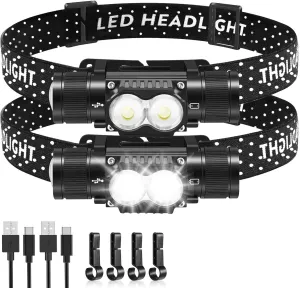 Headlamp Rechargeable 2 Pack, 1200 Lumen LED Head Lamp with 4 Light Modes, IPX6 Waterproof Super Bright High Lumen Headlamps, Adjustable Headstrap Headlights for Running, Camping, Outdoor