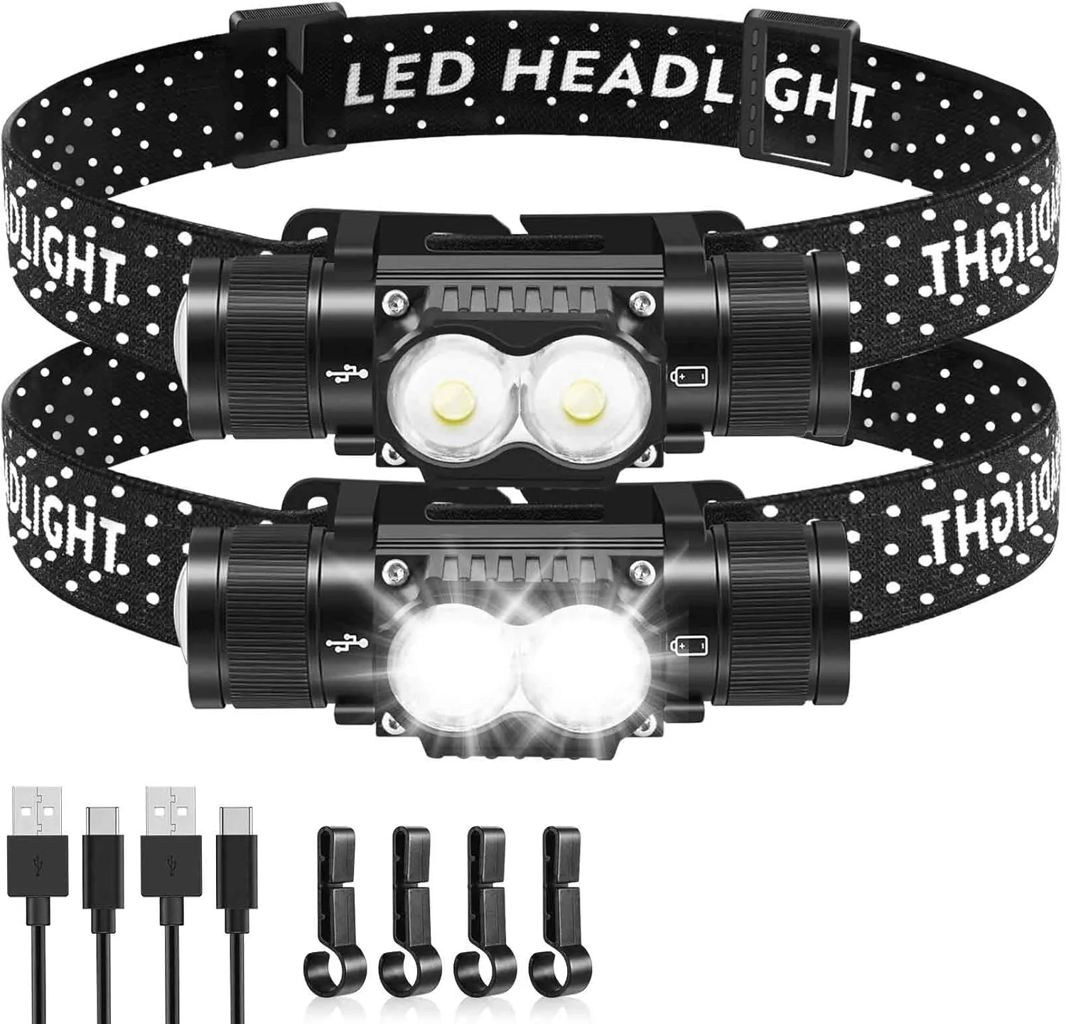 Headlamp Rechargeable 2 Pack, 1200 Lumen LED Head Lamp with 4 Light Modes, IPX6 Waterproof Super Bright High Lumen Headlamps, Adjustable Headstrap Headlights for Running, Camping, Outdoor