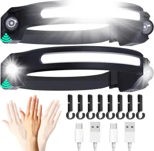Headlamp Rechargeable 2PCS, Waterproof Head Light Flashlight, 2 XPE LED and COB LED Head Lamp, 260° Wide Beam Head Lamp, 6Mode Headlamps for Adults, Camping essentials, Fishing, Repairing, Running
