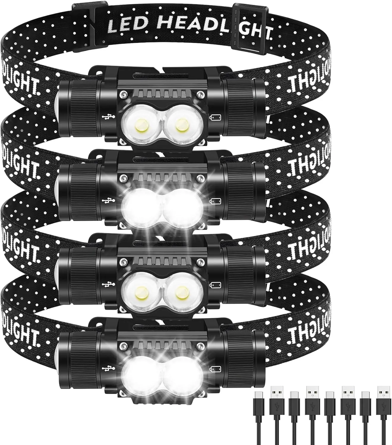 Headlamp Rechargeable 4 Pack, 1200 Lumen LED Head Lamp with 4 Light Modes, IPX6 Waterproof Super Bright High Lumen Headlamps, Adjustable Headstrap Headlights for Running, Camping, Outdoor