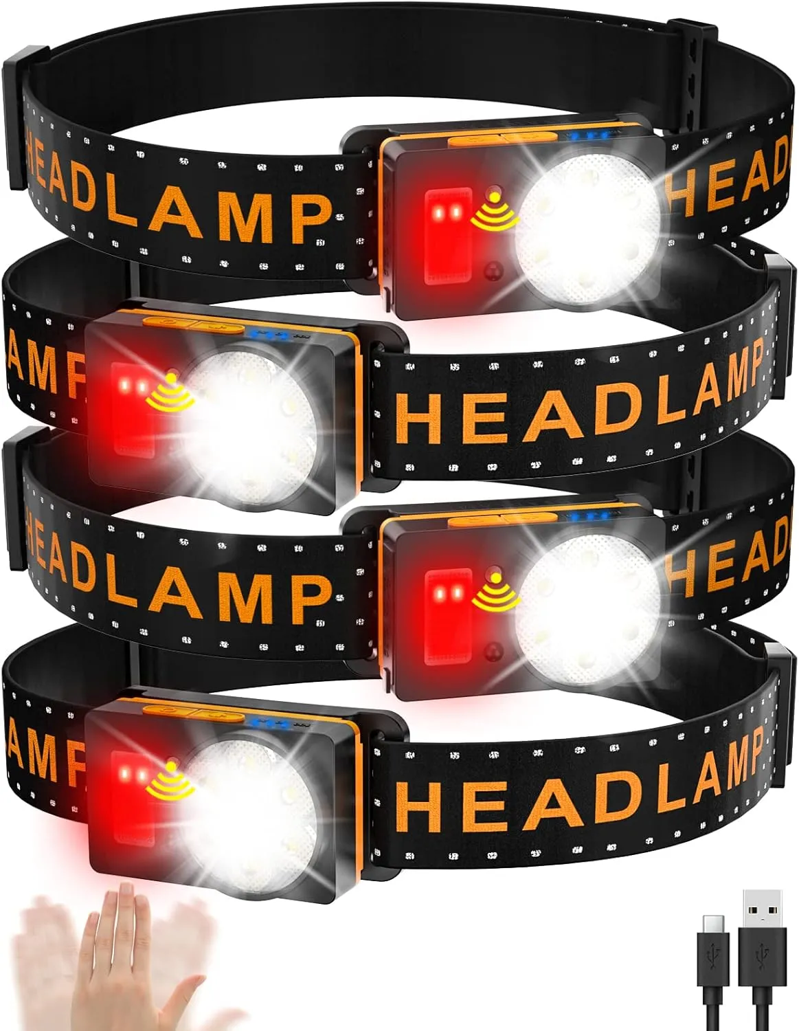 Headlamp Rechargeable, 500 Lumen Super Bright Motion Sensor LED HeadLamp, Headlamp Flashlight with White Red Lights, 6 Modes Lightweight Waterproof Head Lamp for Hiking Camping Essentials