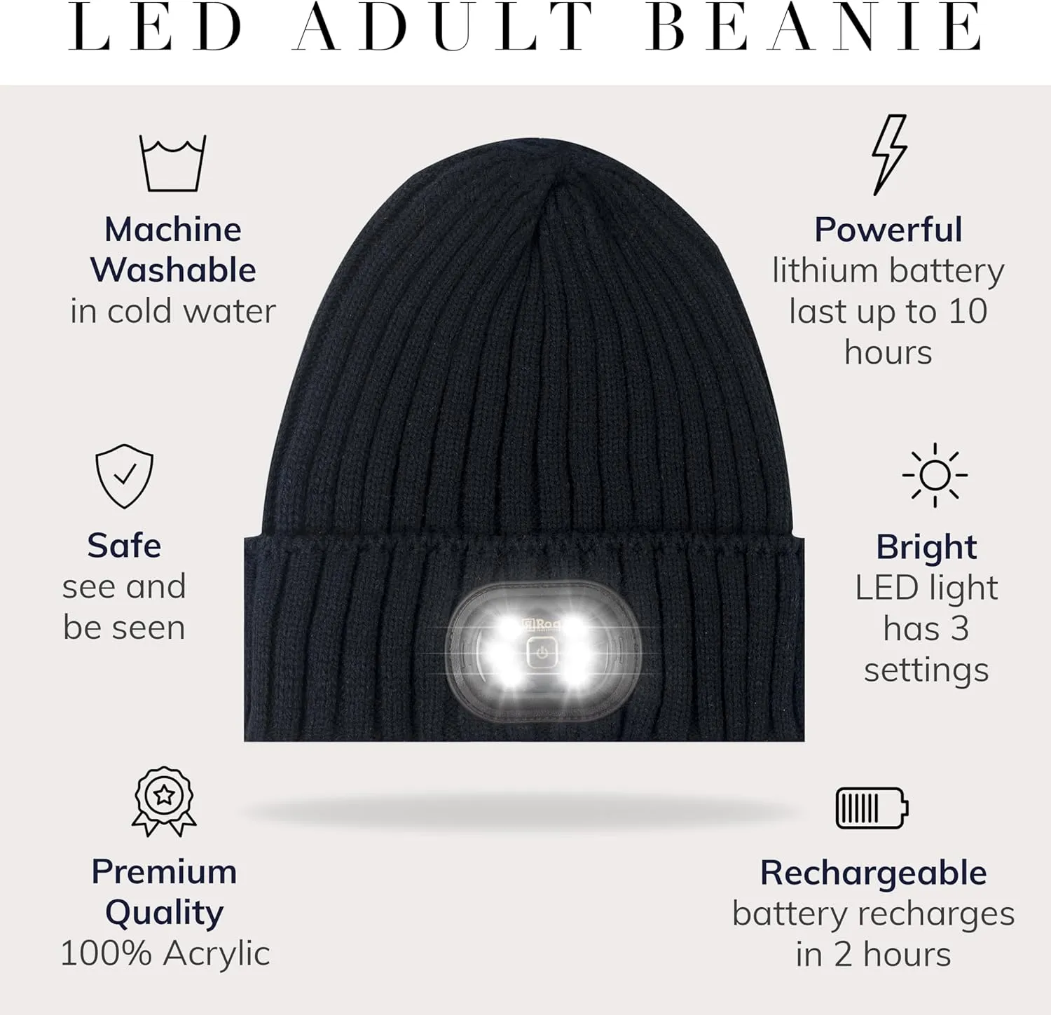 Headlightz by Roq Innovation - Beanie with Light, Unisex LED Beanie Hat with Light Built in, Rechargeable