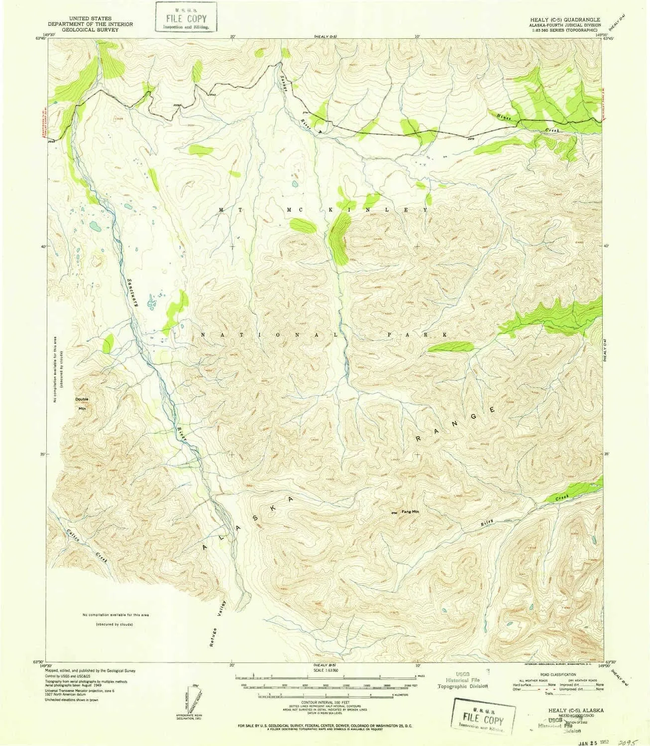 Healy C 5 AK topo map, 1:63360 Scale, 15 X 15 Minute, Historical, 1952, 20.7 x 18 in
