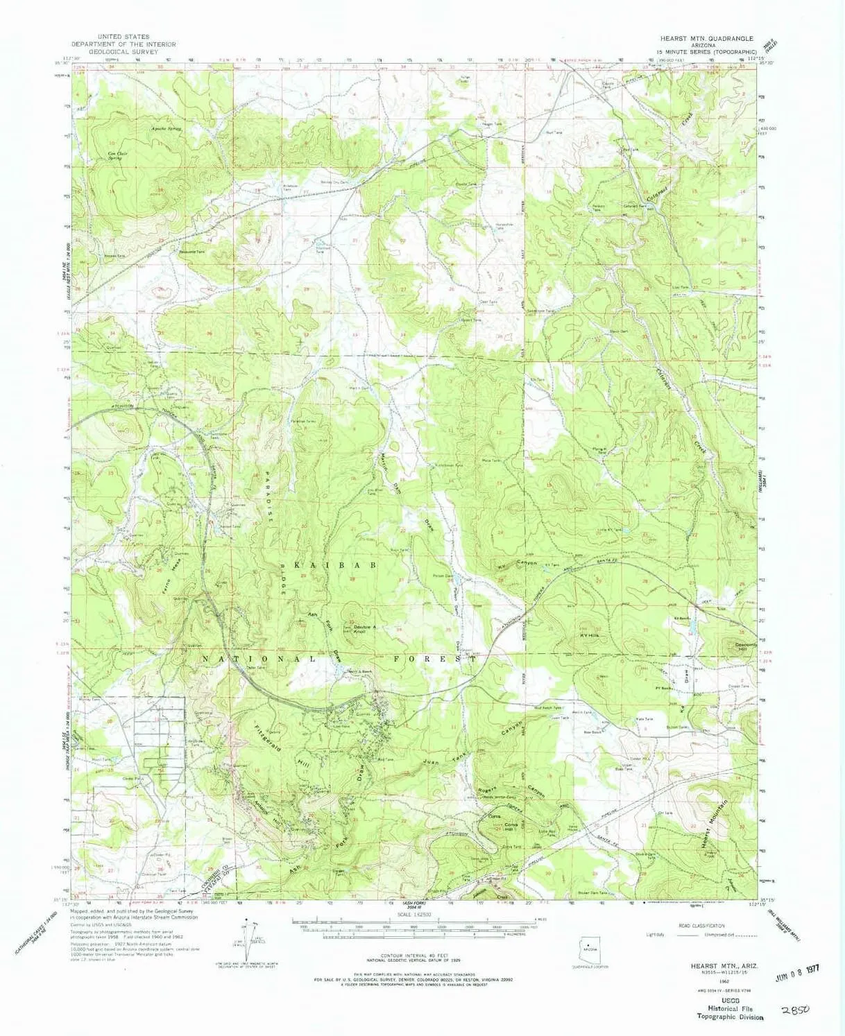 Hearst MTN AZ topo map, 1:62500 Scale, 15 X 15 Minute, Historical, 1962, Updated 1977, 21.7 x 18 in