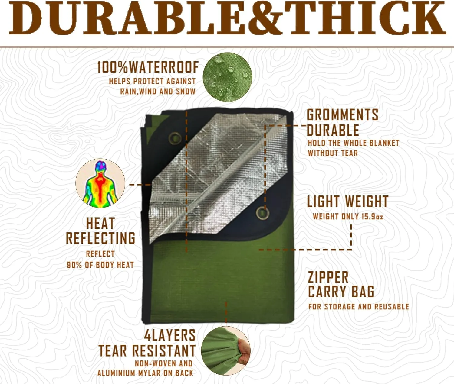 Heavy Duty Survival Blanket -Multifunctional Reflective Tarp Thermal Blanket - 60" x 83" Waterproof Sandproof for Camping Hiking Outdoors Multifunctional Emergency Blanket…