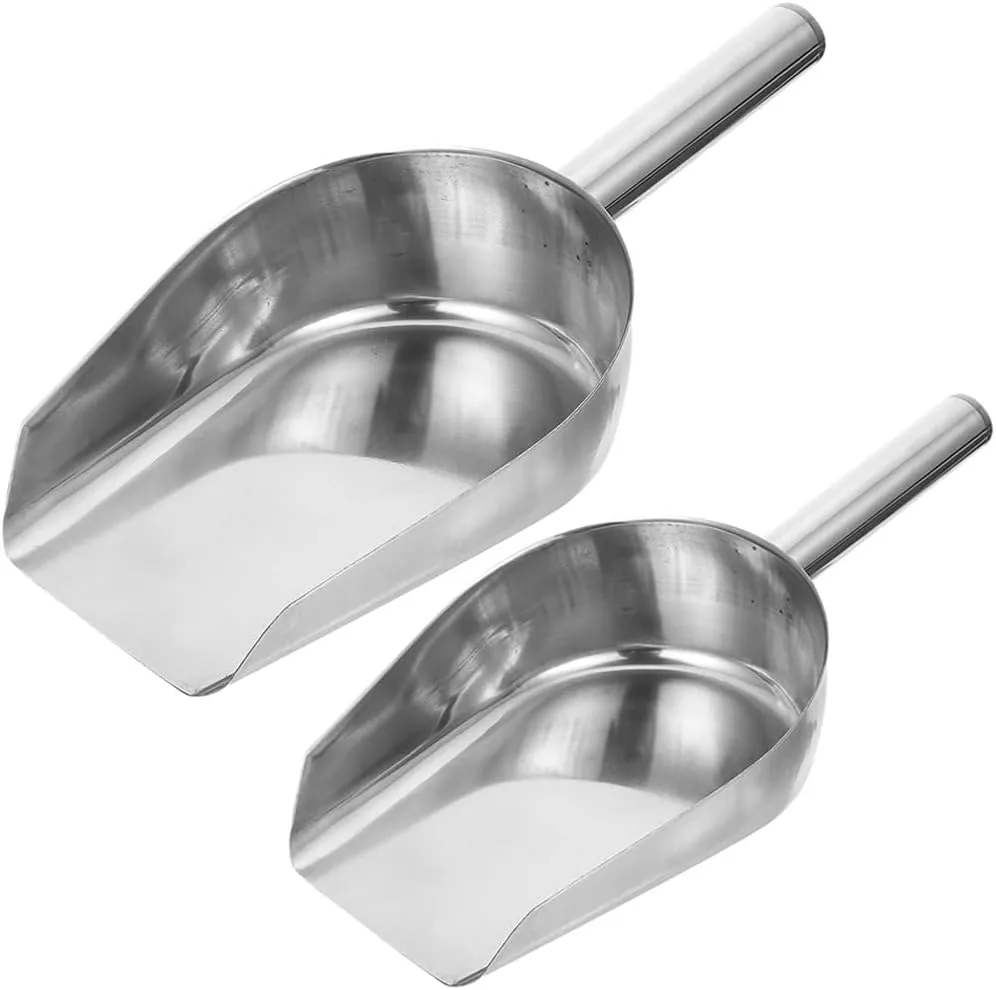 Hemoton Stainless Steel Ice Scoop Set, 2Pcs Multipurpose Flat Bottom Shovels for Ice Cubes, Flour, Grains, Nuts, and Candy, Lightweight and Compact for Kitchen, Bar, Restaurant, and Dessert Shop