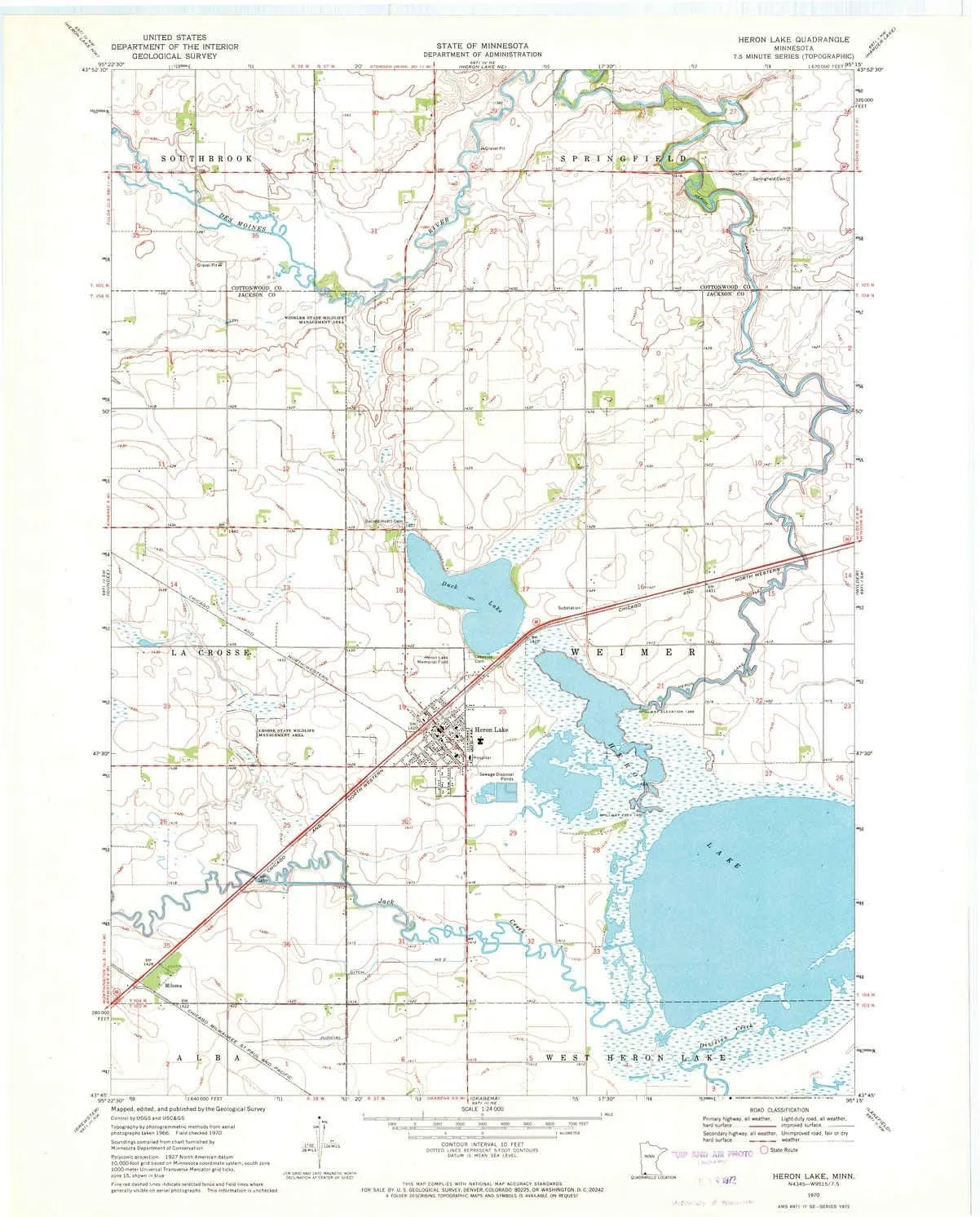 Heron Lake MN topo map, 1:24000 Scale, 7.5 X 7.5 Minute, Historical, 1970, Updated 1972, 27.23 x 21.53 in