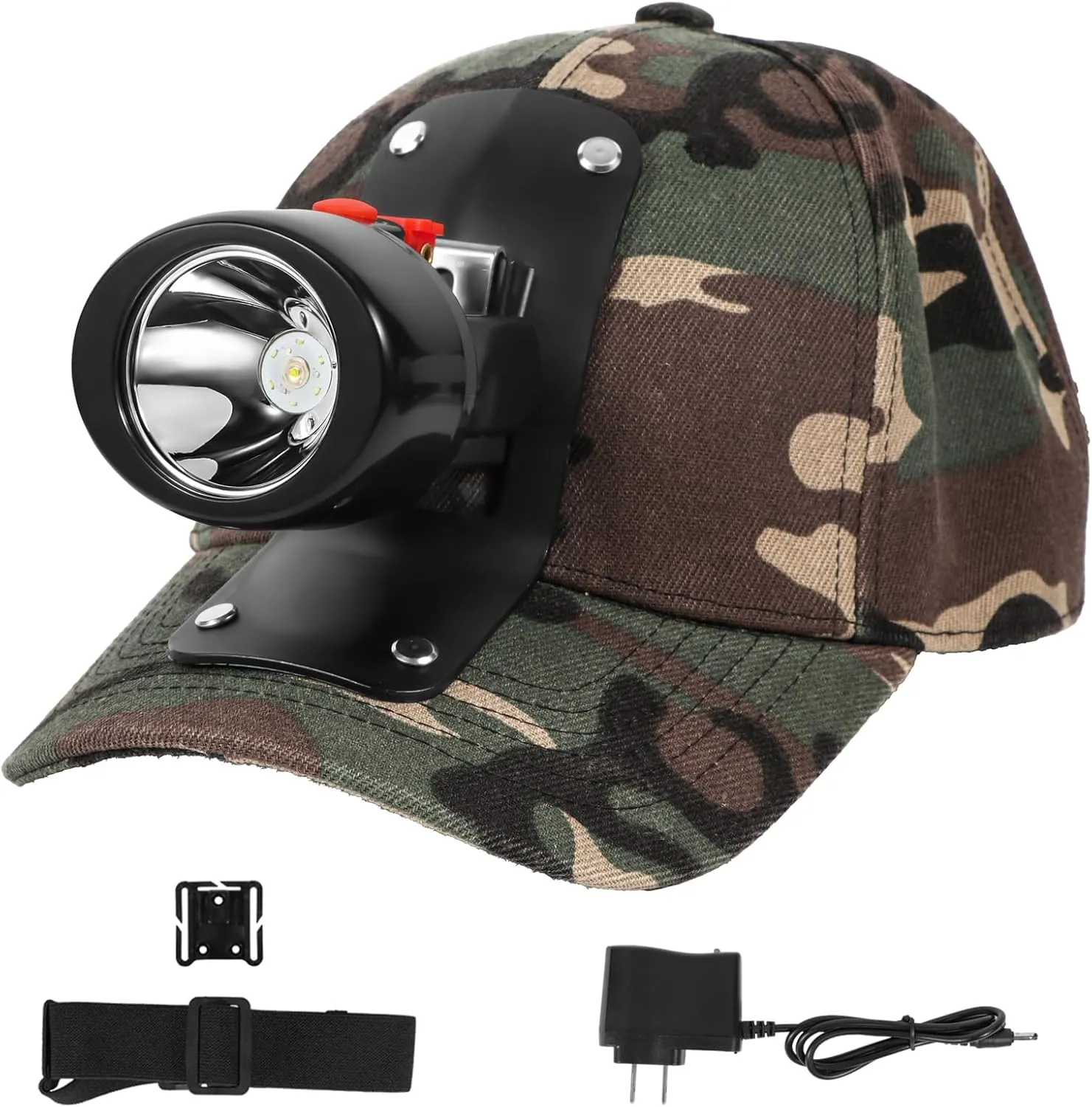High Lumens LED Mining Headlamp with Hat - Waterproof, Durable, Long-Lasting Rechargeable Headlight, Adjustable Strap, Perfect for Miners Camping Hiking (KL2.8 Black-Red Button with Hat)