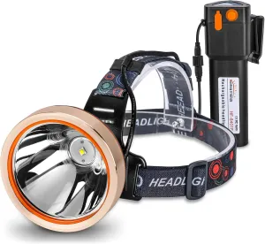 High Power Rechargeable LED Headlamp - Waterproof Adjustable Head Flashlight, Hands-Free Head Torch for Camping, Hiking, Hunting, Fishing, Emergency, Outdoor Activities, Ultra Bright Comfortable Wear