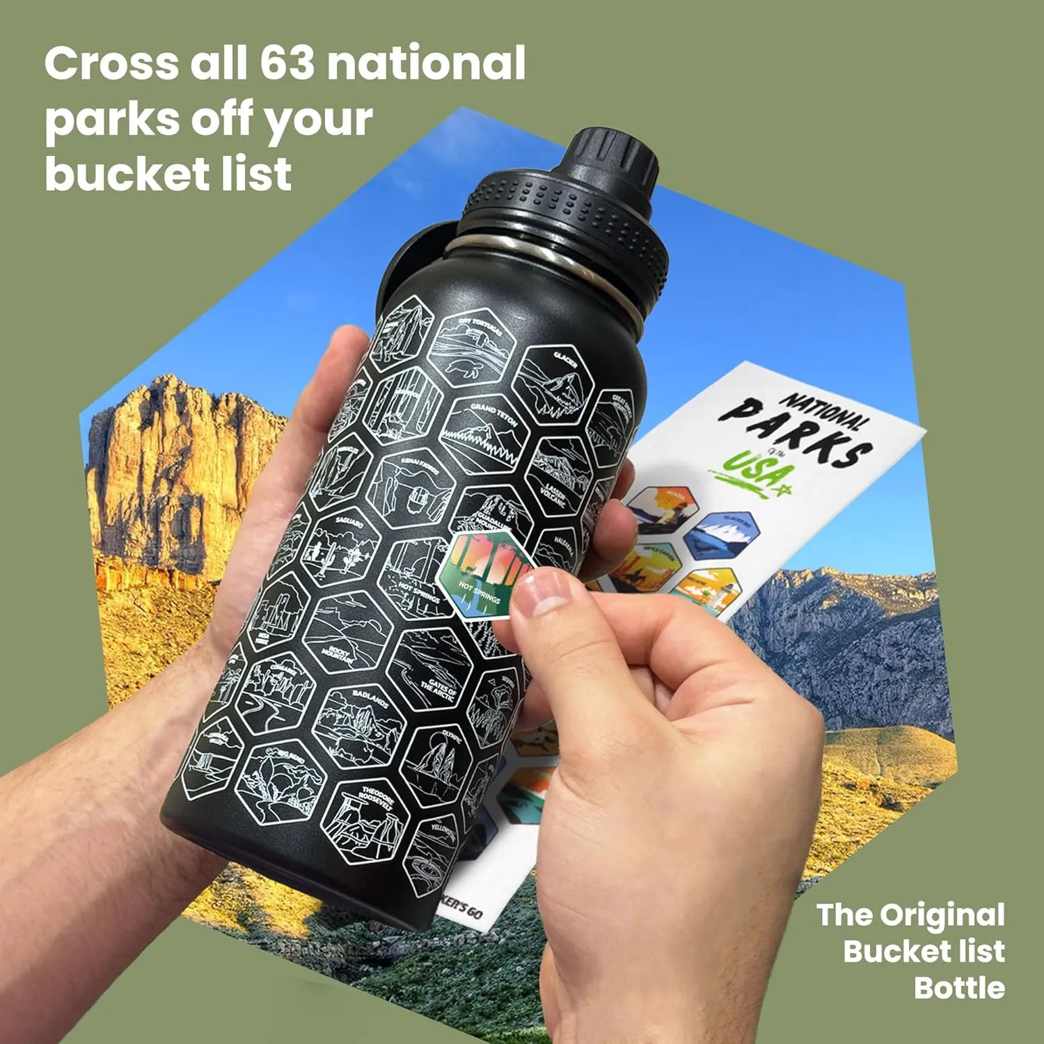 Hiker's Go National Parks Water Bottle – 32oz Insulated Stainless Steel with Magnetic Phone Holder Leakproof Lid & 63 Waterproof Stickers – Great for Hiking, Camping & Gift Giving