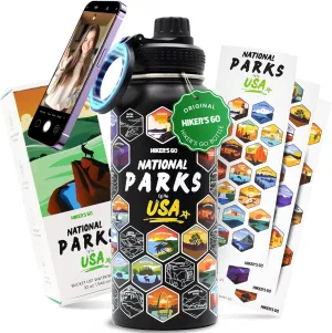 Hiker's Go National Parks Water Bottle – 32oz Insulated Stainless Steel with Magnetic Phone Holder Leakproof Lid & 63 Waterproof Stickers – Great for Hiking, Camping & Gift Giving