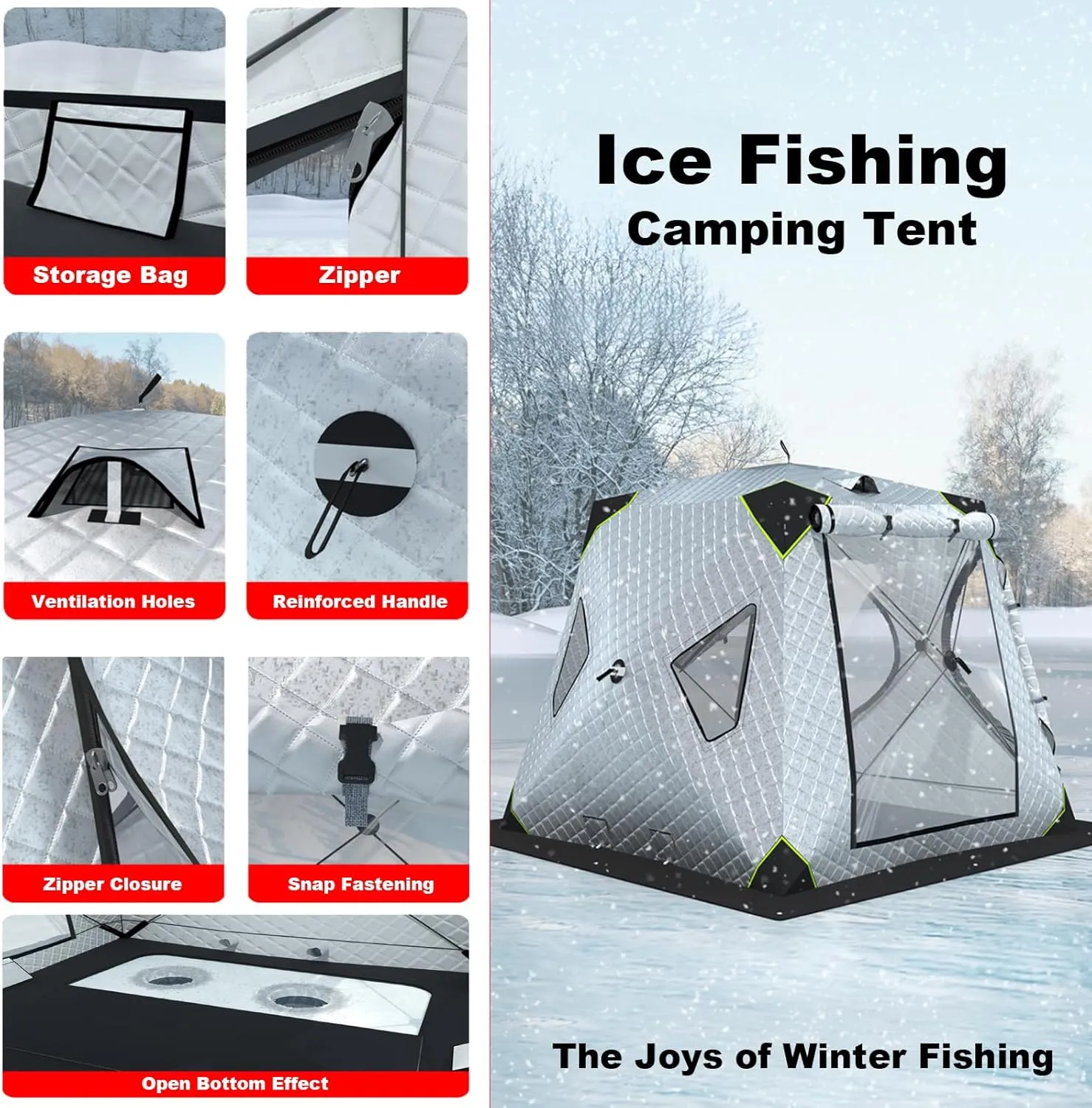 Ice Fishing Shelter Winter Fishing Tent, 2 Doors Windproof Insulated Ice Fishing Tent, with Carry Bag, Rope and Anchors, Outdoor Winter Fishing Camping