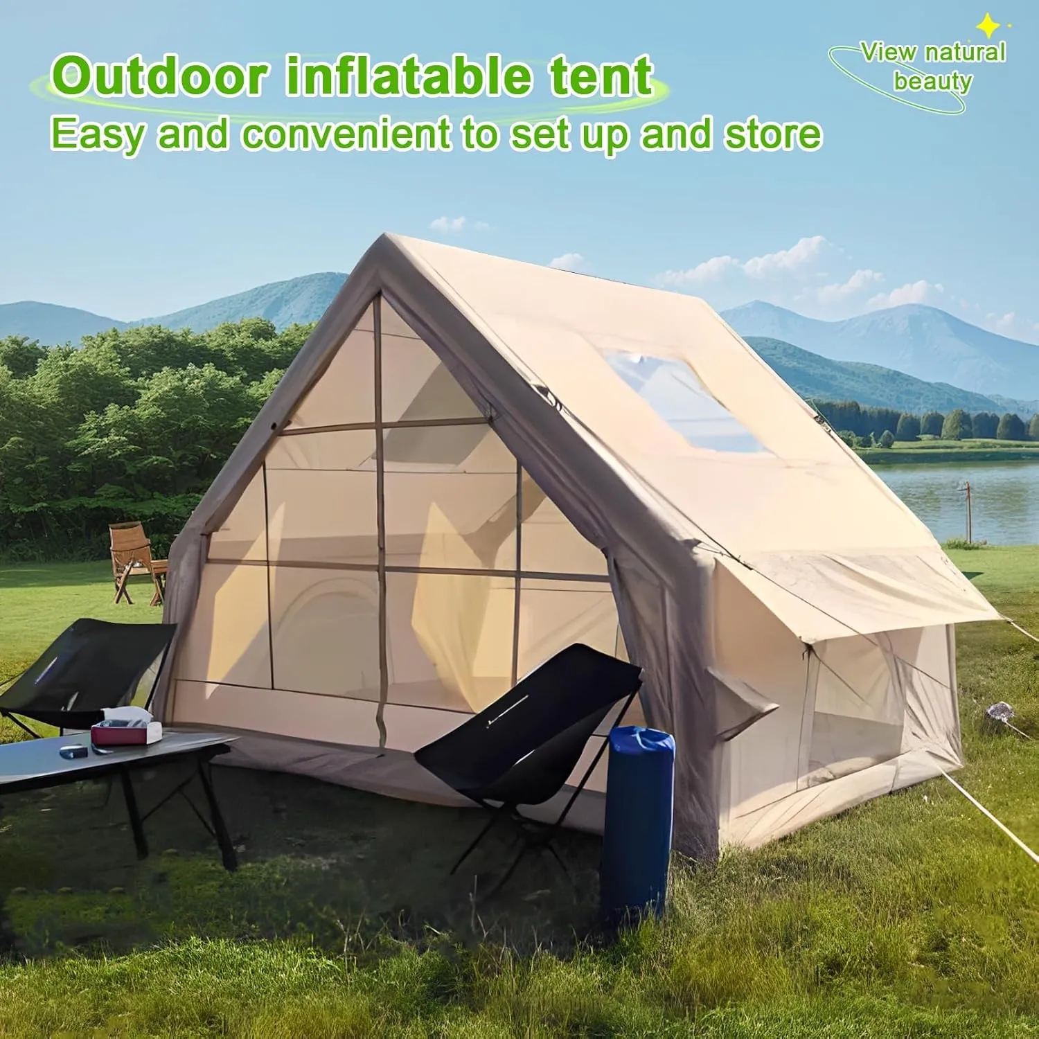 Inflatable Tents for Camping, 1-6 Person Family Blow-Up Tent, Easy Setup Waterproof Tents for Camping, Windproof Outdoor Air Tent, Large 4 Seasons Family Glamping Hiking House Beige 300cm