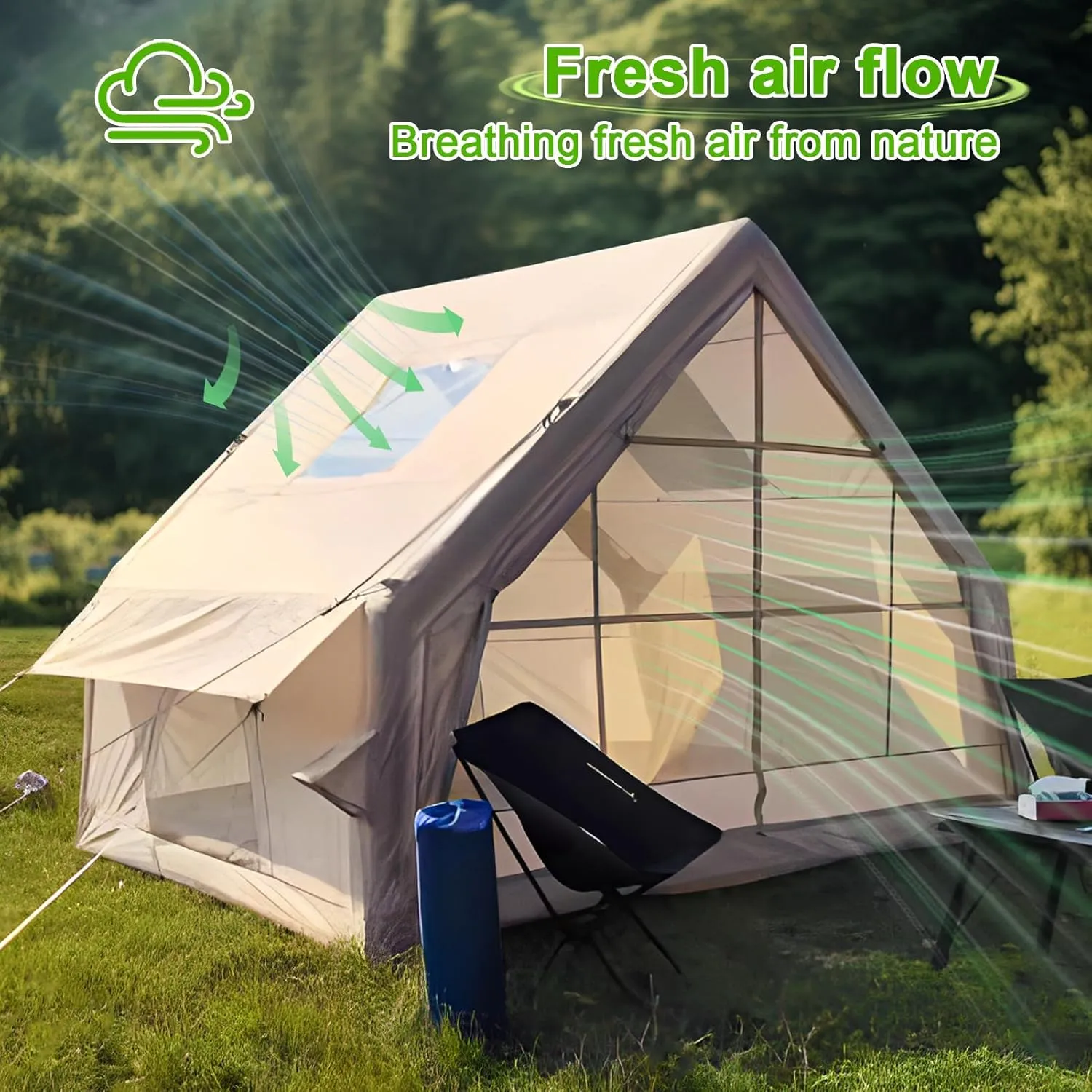Inflatable Tents for Camping, 1-6 Person Family Blow-Up Tent, Easy Setup Waterproof Tents for Camping, Windproof Outdoor Air Tent, Large 4 Seasons Family Glamping Hiking House Beige 300cm