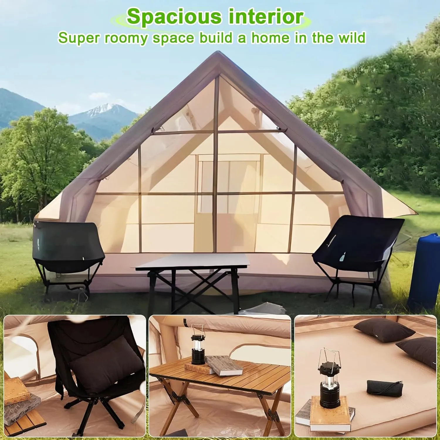 Inflatable Tents for Camping, 1-6 Person Family Blow-Up Tent, Easy Setup Waterproof Tents for Camping, Windproof Outdoor Air Tent, Large 4 Seasons Family Glamping Hiking House Beige 300cm