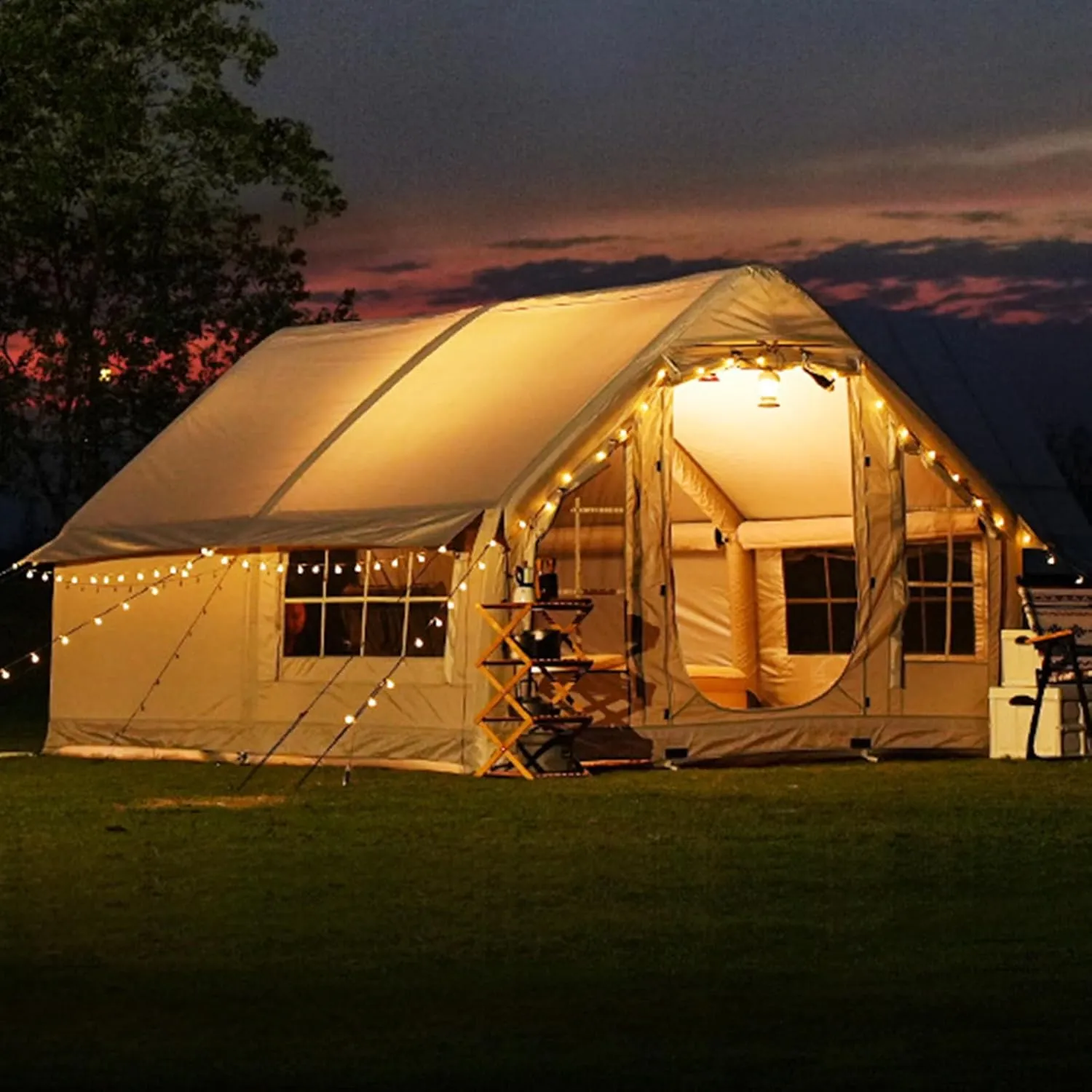 Inflatable Tents for Camping with Pump 4-8 Person Camping Tent with Stove Jack,4 Season Waterproof Windproof Large Air Tent,Outdoor Family Glamping Tent with Mesh Windows Doors