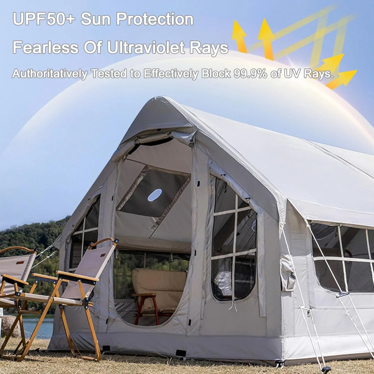 Inflatable Tents for Camping with Pump 4-8 Person Camping Tent with Stove Jack,4 Season Waterproof Windproof Large Air Tent,Outdoor Family Glamping Tent with Mesh Windows Doors