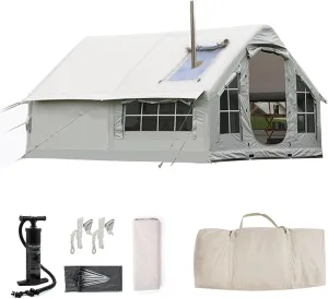 Inflatable Tents for Camping with Pump 4-8 Person Camping Tent with Stove Jack,4 Season Waterproof Windproof Large Air Tent,Outdoor Family Glamping Tent with Mesh Windows Doors
