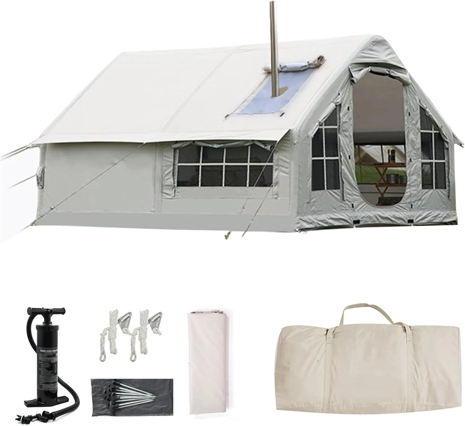 Inflatable Tents for Camping with Pump 4-8 Person Camping Tent with Stove Jack,4 Season Waterproof Windproof Large Air Tent,Outdoor Family Glamping Tent with Mesh Windows Doors