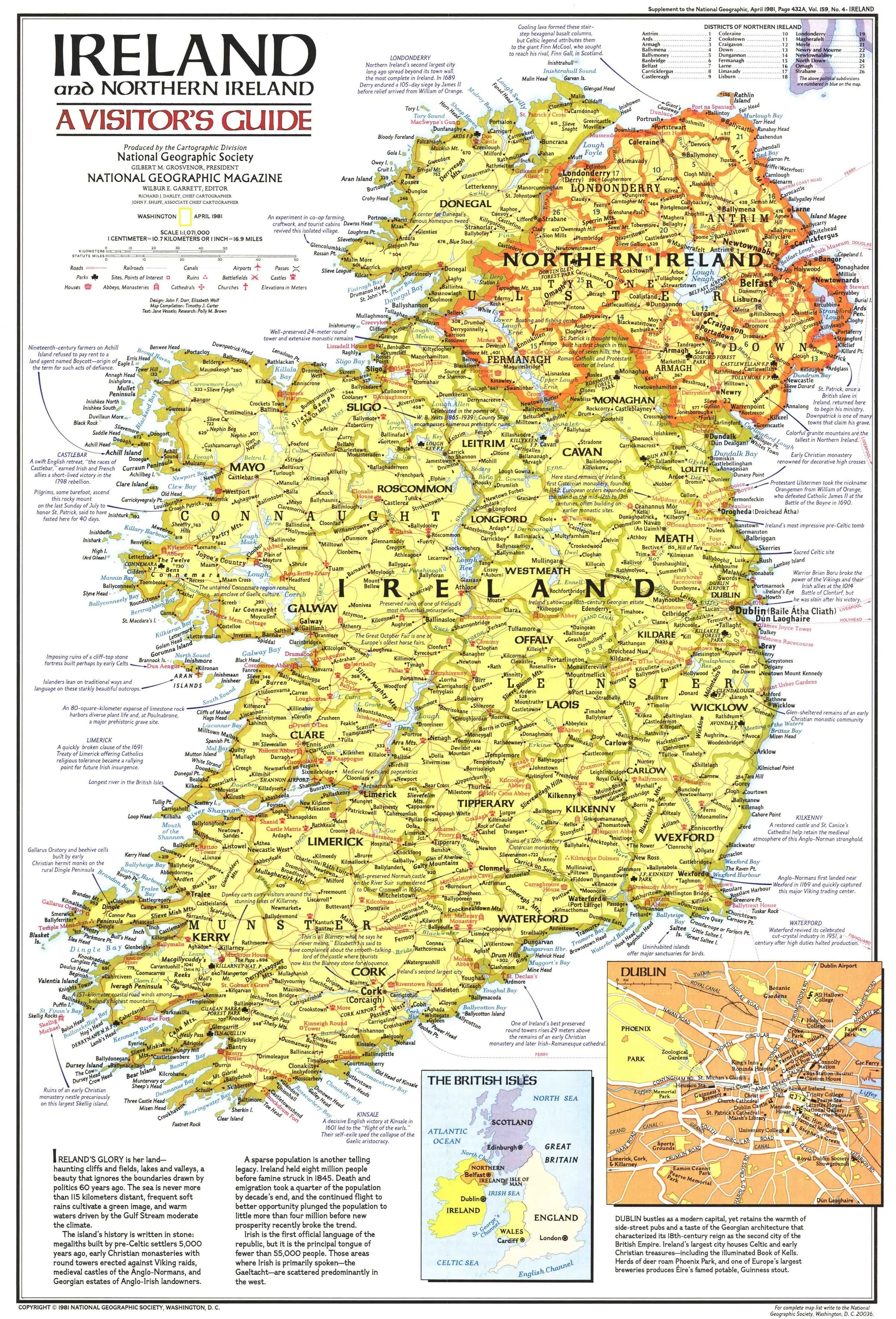 Ireland and Northern Ireland Visitors Guide Wall Map - Published 1981 by National Geographic