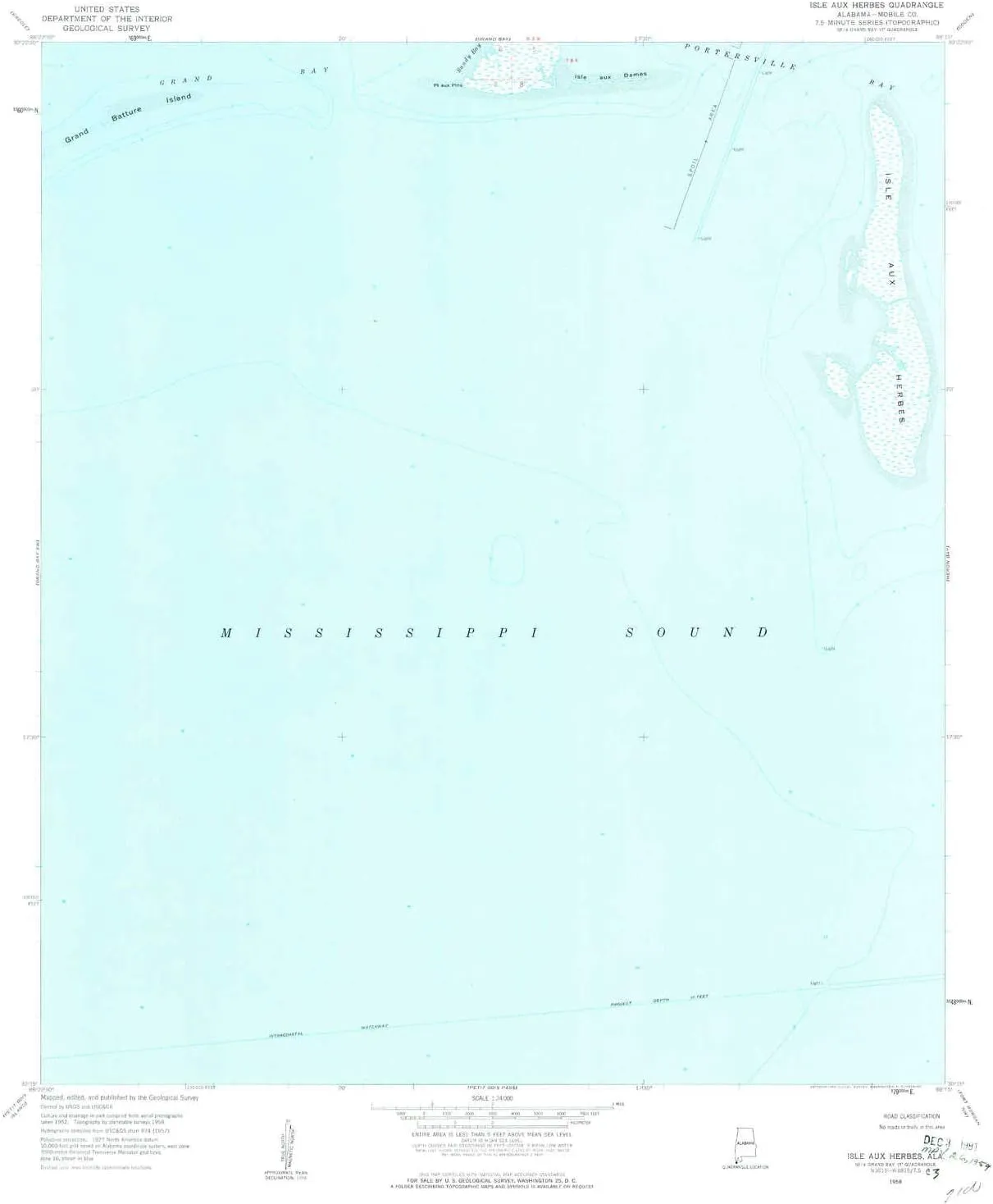 Isle Aux Herbes AL topo map, 1:24000 Scale, 7.5 X 7.5 Minute, Historical, 1958, Updated 1959, 26.8 x 22 in