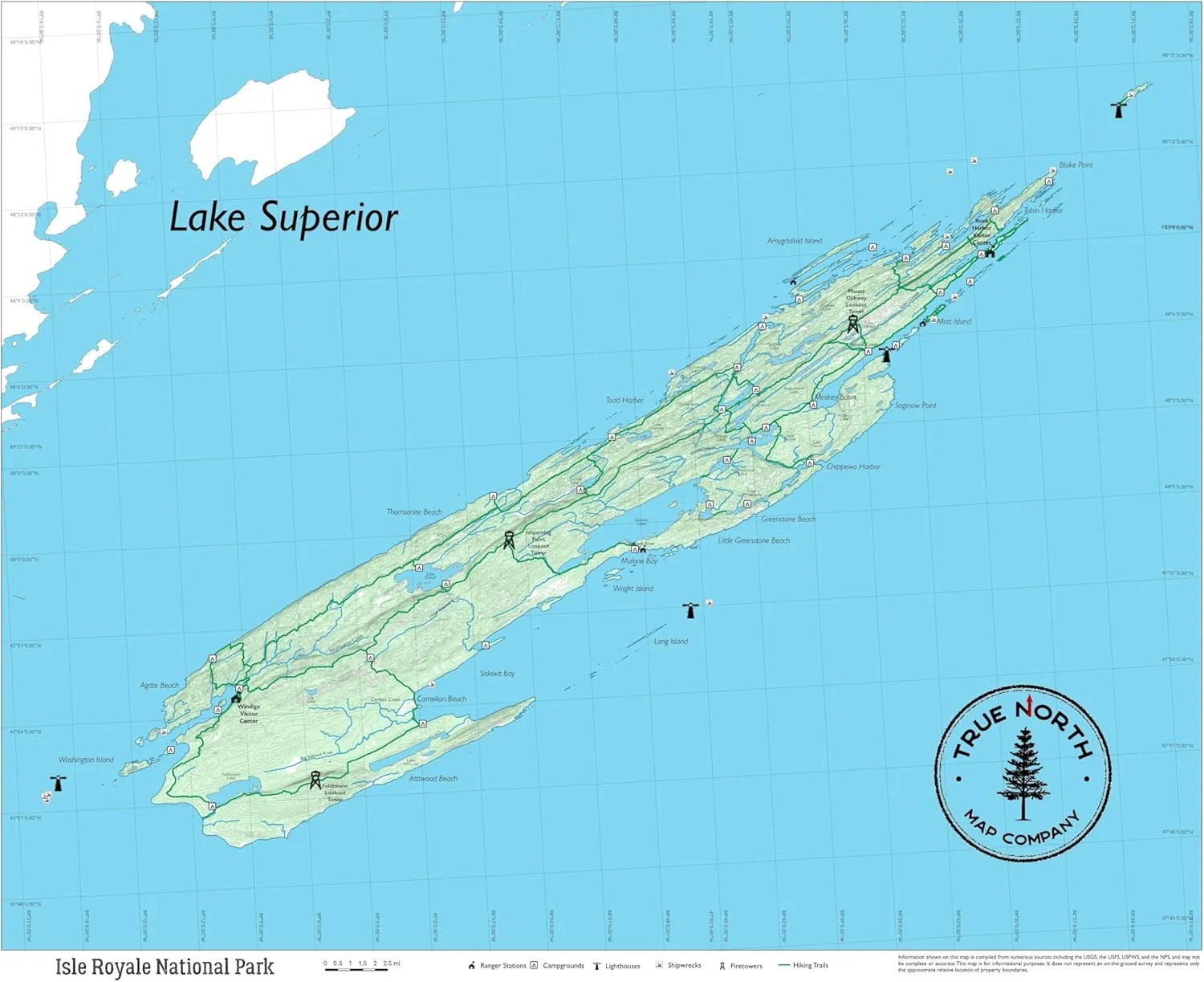 Isle Royale Map - Overview – Waterproof, Durable Cloth Map for Hiking and Camping by True North Map Company