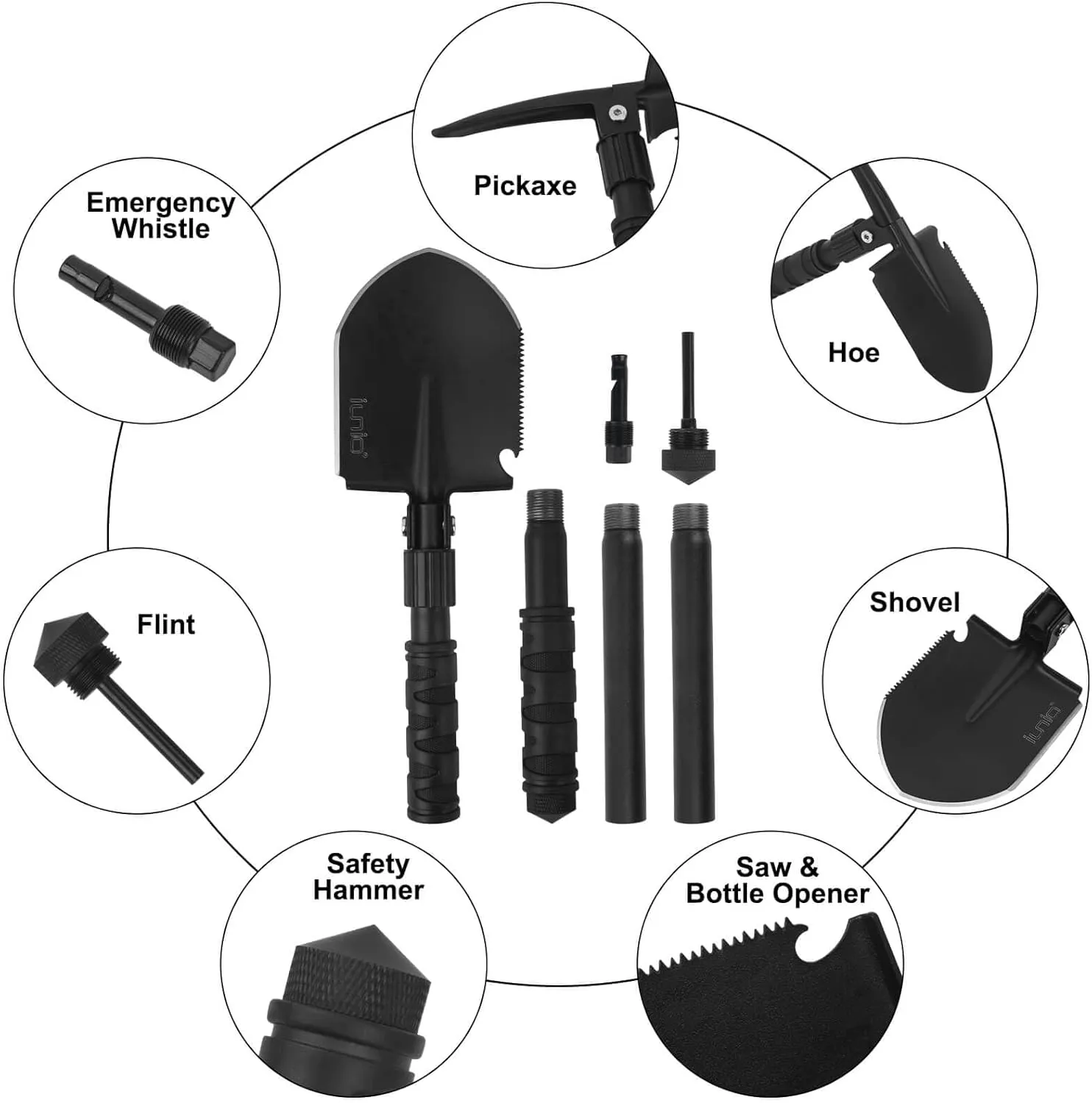iunio Camping Shovel,Shovel Folding, Portable, Multitool, Foldable Entrenching Tool, Collapsible Spade, for Backpacking, Trenching, Hiking, Survival, Car Emergency