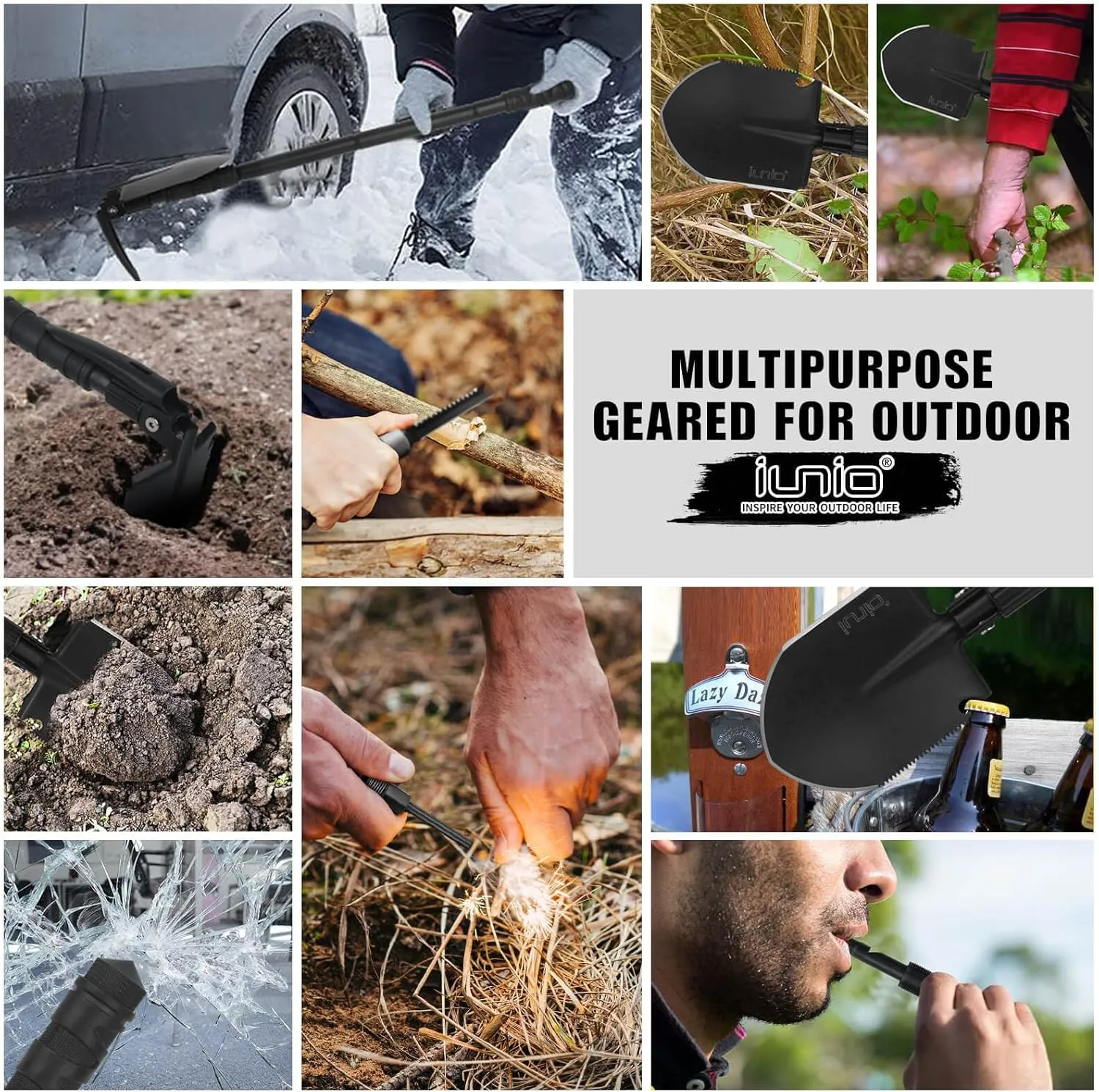 iunio Camping Shovel,Shovel Folding, Portable, Multitool, Foldable Entrenching Tool, Collapsible Spade, for Backpacking, Trenching, Hiking, Survival, Car Emergency
