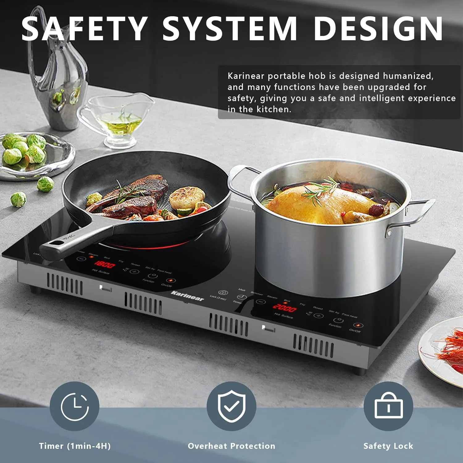 Karinear 2 Burners Electric Cooktop 24 Inch, 110v~120v Countertop and Built-in Elecric Stove Top, Portable Electric Radiant with Outlet Plug, Sensor Touch, Child Safety Lock, Timer(white)