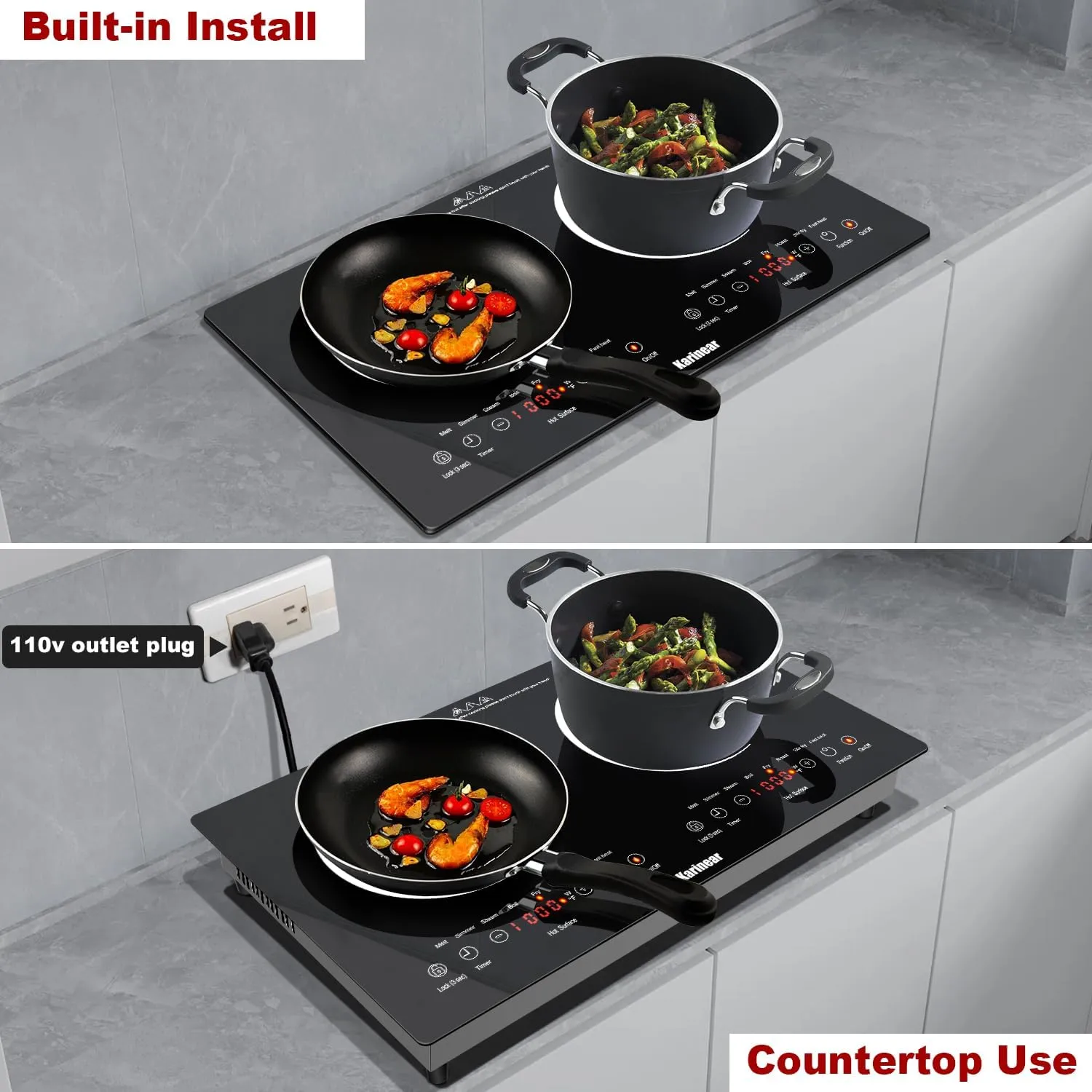 Karinear 2 Burners Electric Cooktop 24 Inch, 110v~120v Countertop and Built-in Elecric Stove Top, Portable Electric Radiant with Outlet Plug, Sensor Touch, Child Safety Lock, Timer(white)