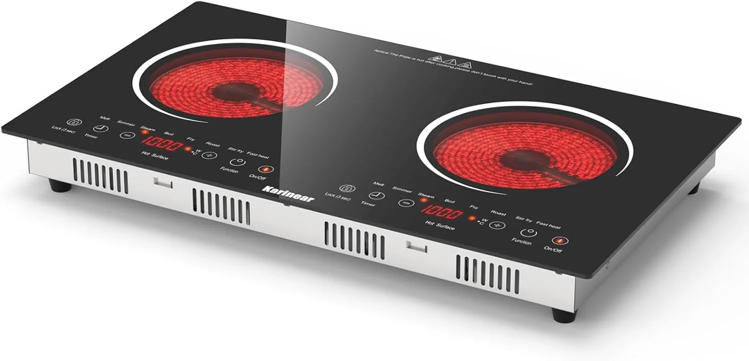 Karinear 2 Burners Electric Cooktop 24 Inch, 110v~120v Countertop and Built-in Elecric Stove Top, Portable Electric Radiant with Outlet Plug, Sensor Touch, Child Safety Lock, Timer(white)