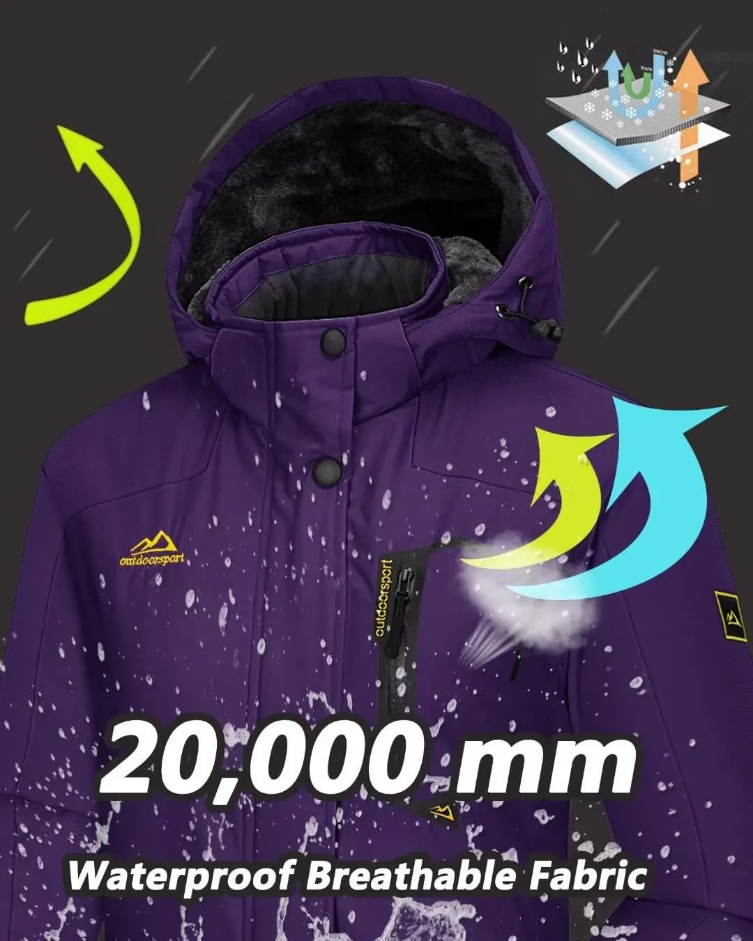 KEFITEVD Women's Waterproof Ski Snow Jacket Snowboarding Jackets Windproof Fleece Warm Heavy Hooded Coat Mountain Rain Jacket