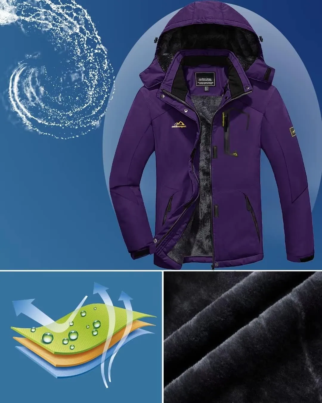 KEFITEVD Women's Waterproof Ski Snow Jacket Snowboarding Jackets Windproof Fleece Warm Heavy Hooded Coat Mountain Rain Jacket