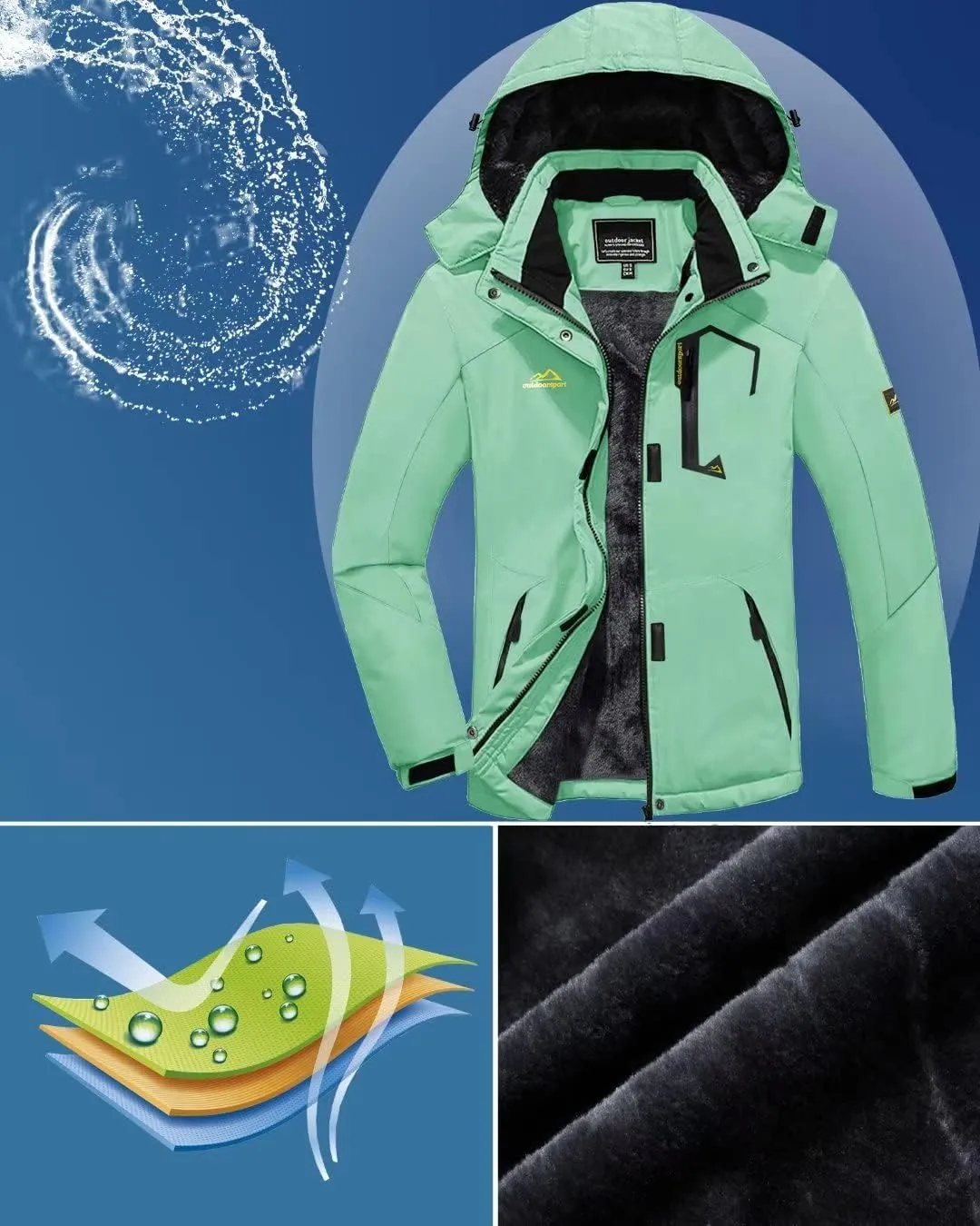 KEFITEVD Women's Waterproof Ski Snow Jacket Snowboarding Jackets Windproof Fleece Warm Heavy Hooded Coat Mountain Rain Jacket