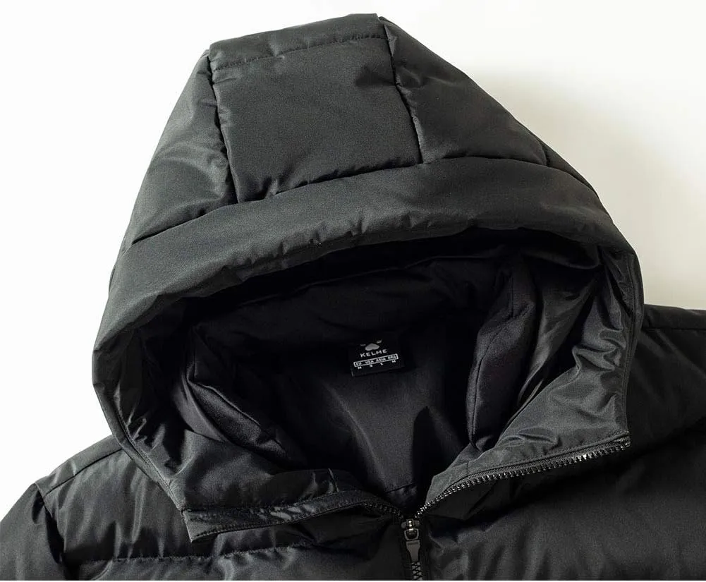 KELME Men's Long Parka Winter Coats, Windproof Hooded Soccer Jacket, Stadium Outdoor Cold Weather Warm Outerwear