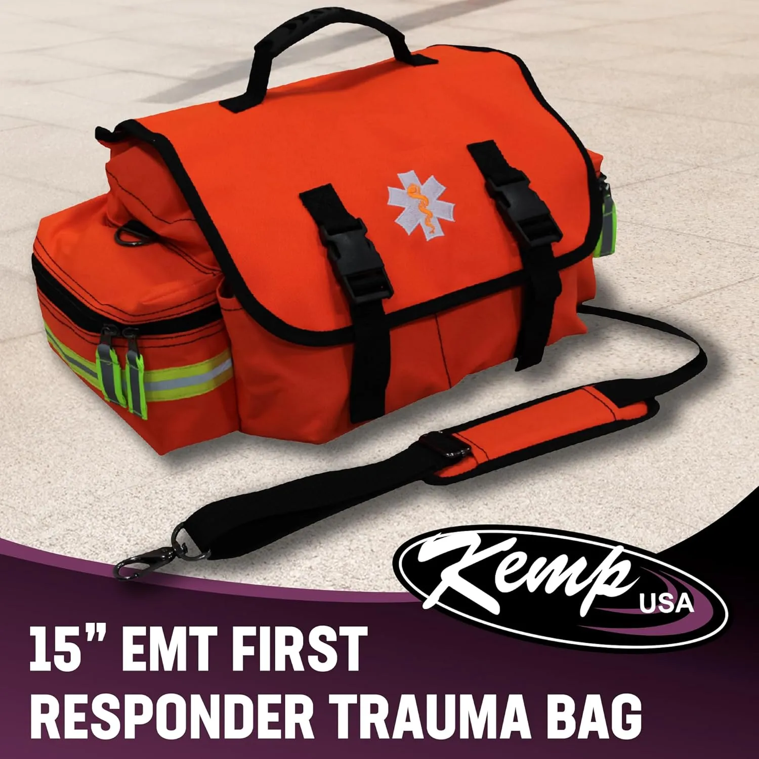 Kemp USA EMT First Responder Trauma Bag - First Aid Kit & Survival Gear with High Visibility Reflectors for Rapid First Aid & Medical Response Survival Tools Organizer - Orange