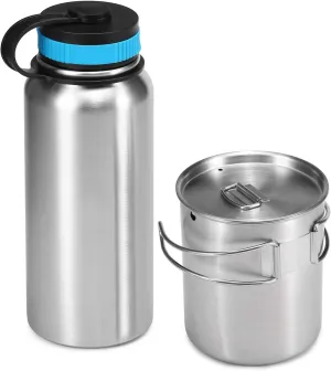 Kettle,1000ml Stainless Steel Vacuum Insulated Water Bottle with 700ml Water Cup Hanging Pot for Outdoor Survival Camping Hiking Backpacking