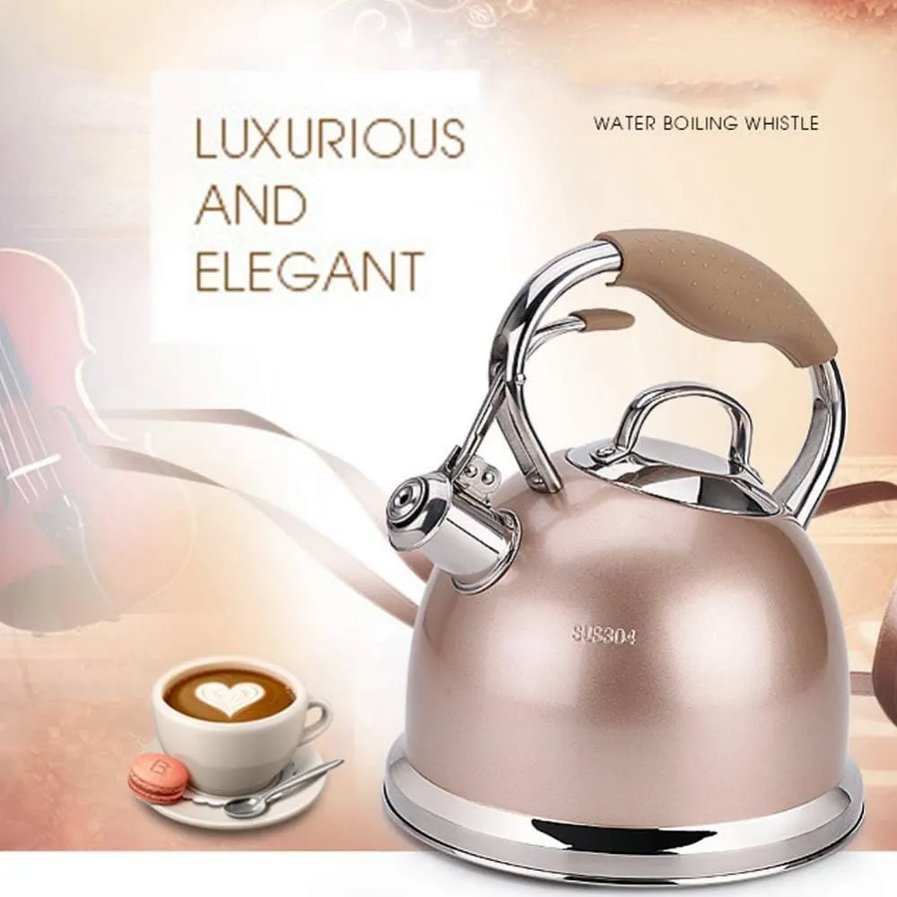Kettle,Stovetop Whistling Kettle, High Capacity, Stainless Steel, Three Layer Composite Bottom, Fast Heat Elegant and for Gas Stove, Induction, Etc. Quick Boil-Gold||3L Teapots(Red)