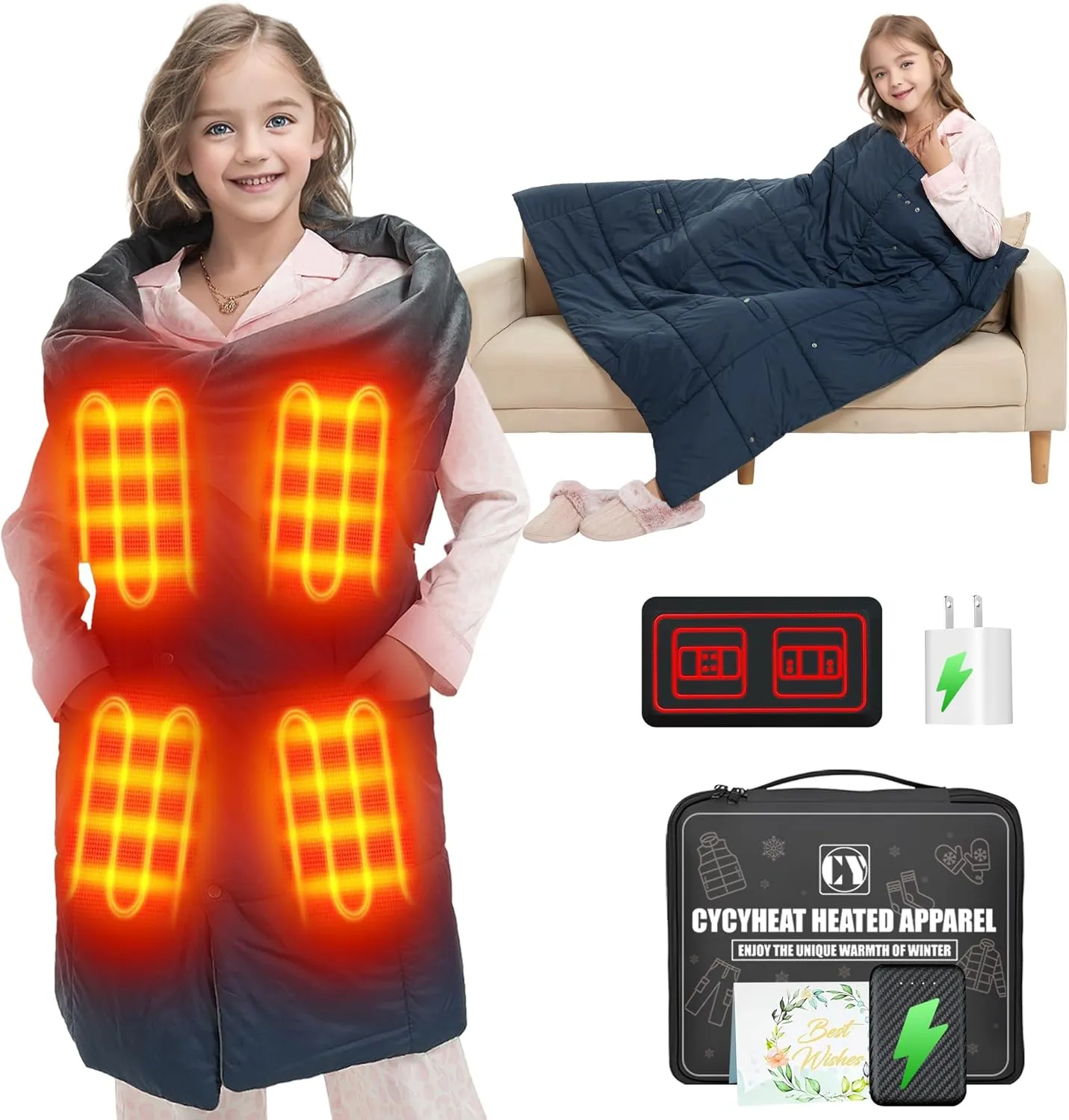 Kids Heated Blanket Battery Operated - Boys and Girls 7.4V DC Portable Wireless Cordless USB Heating Blanket for Outdoors