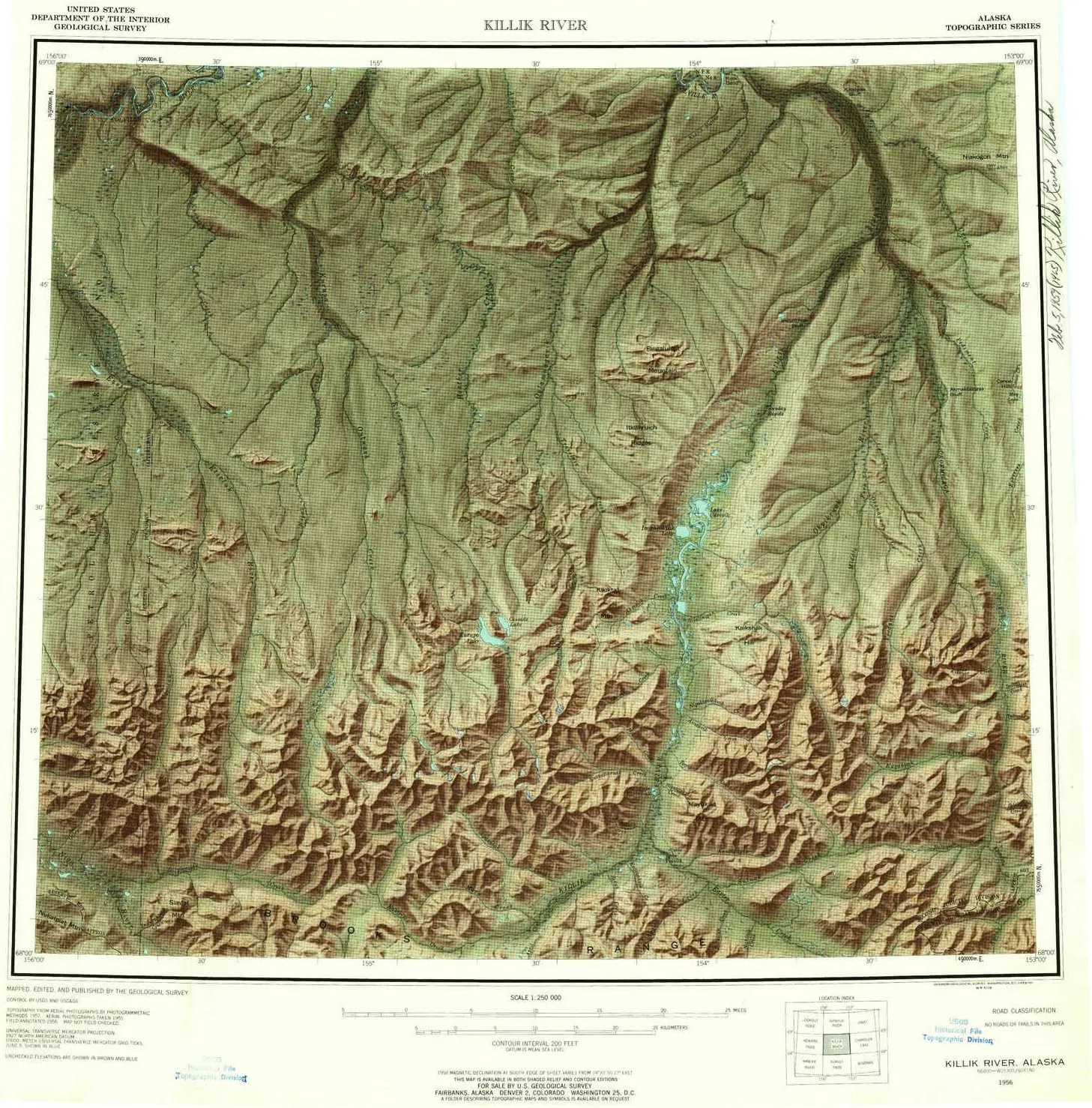 Killik River AK topo map, 1:250000 Scale, 1 X 3 Degree, Historical, 1956, Updated 1959, 22.2 x 21.8 in