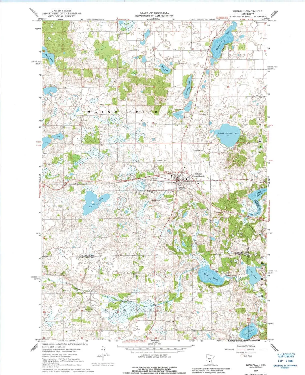 Kimball MN topo map, 1:24000 Scale, 7.5 X 7.5 Minute, Historical, 1967, Updated 1988, 27.23 x 21.53 in