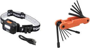 Klein Tools 56049 Rechargeable Headlamp/LED Lights, Adjustable Fabric Strap & 70550 Hex Wrench Key Set, 11 SAE Sizes, Heavy Duty Folding Allen Wrench Tool with Extra Long Hex